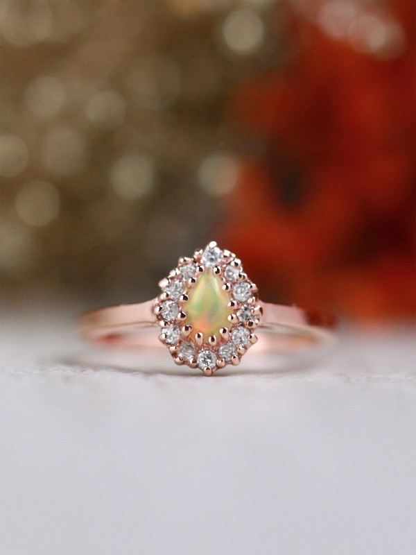 Pear Shaped Opal and Diamond Engagement Ring