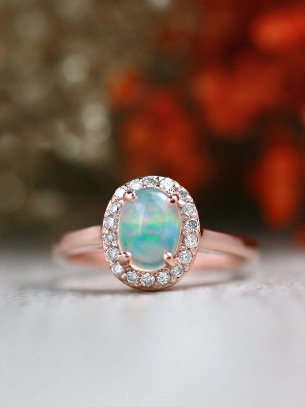 Opal Ring | Diamond Halo | Solid 14K Gold | Gemstone Engagement Ring | October Birthstone | Ethiopian Opal | Fine Jewelry | Free Shipping