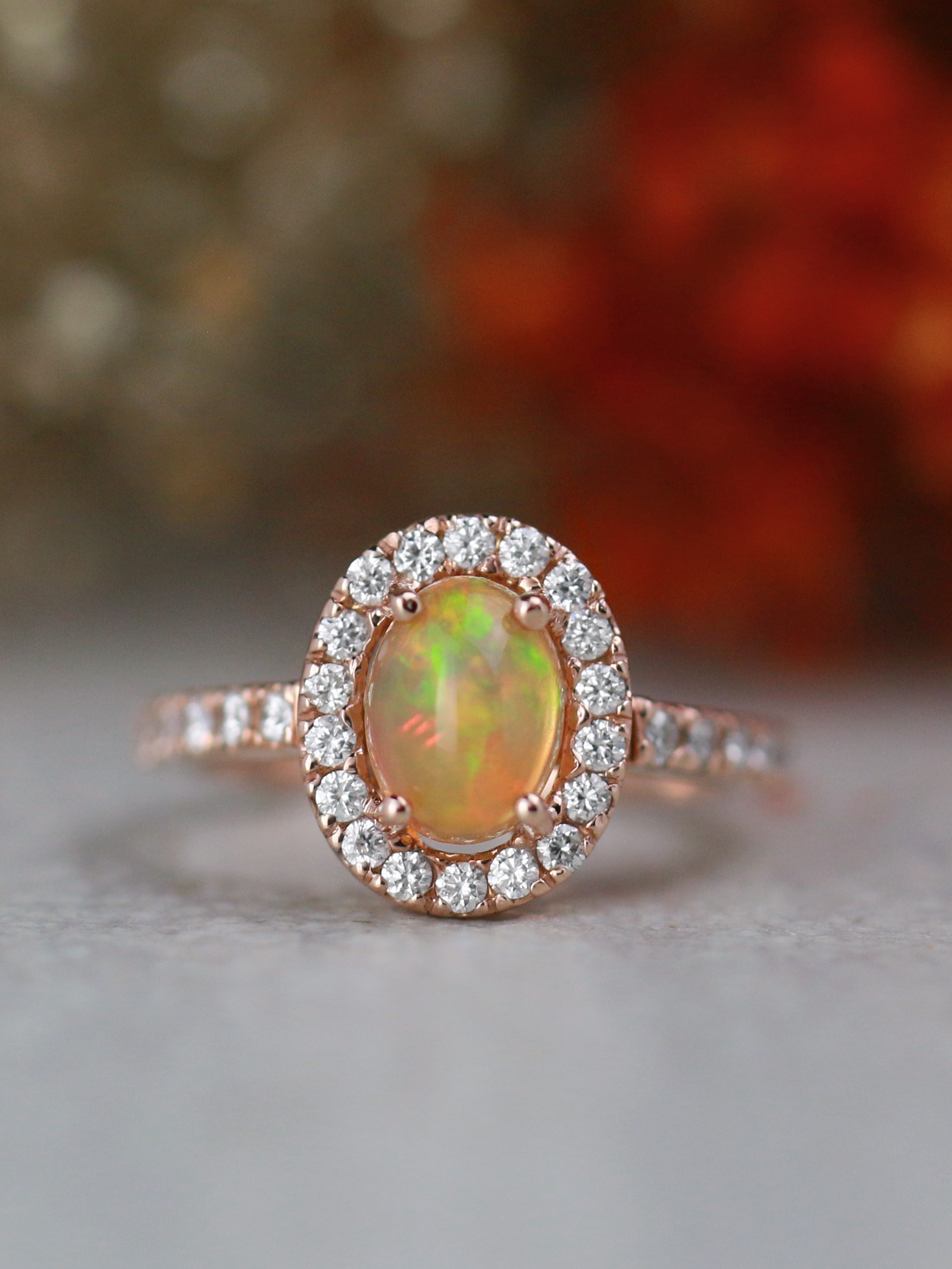 7x5MM Oval Ethiopian Opal Diamond Halo Engagement Ring