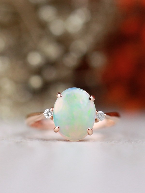 Oval Opal and Diamond Solid 14 Karat Gold Engagement Ring