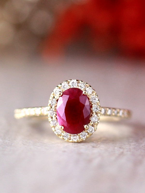 8x6MM Natural Oval Ruby and Diamond Halo Solid 14 Karat Gold Engagement Ring
