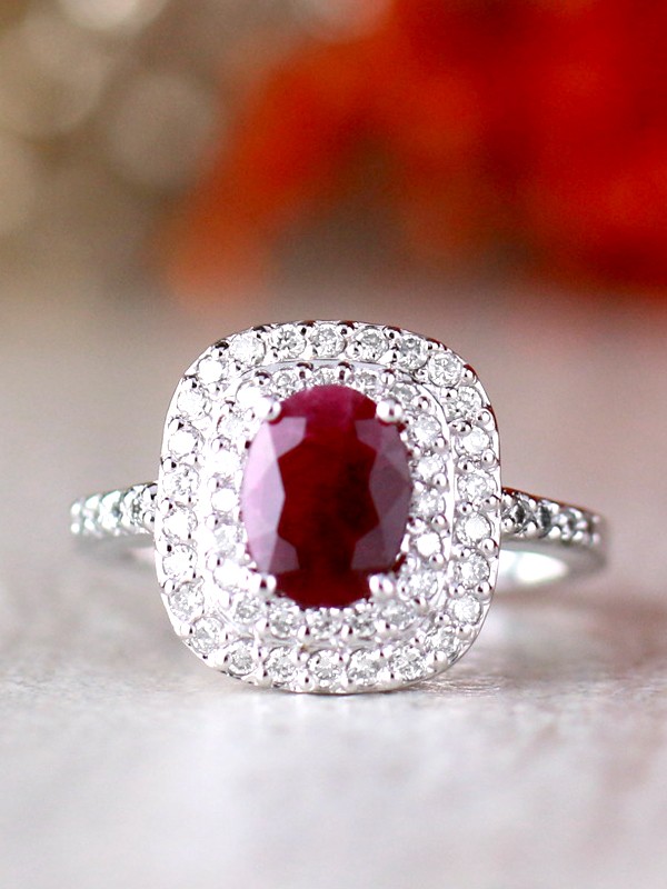 8x6MM Natural Ruby and Double Diamond Cushion Halo Solid 14 Karat Gold Engagement Ring