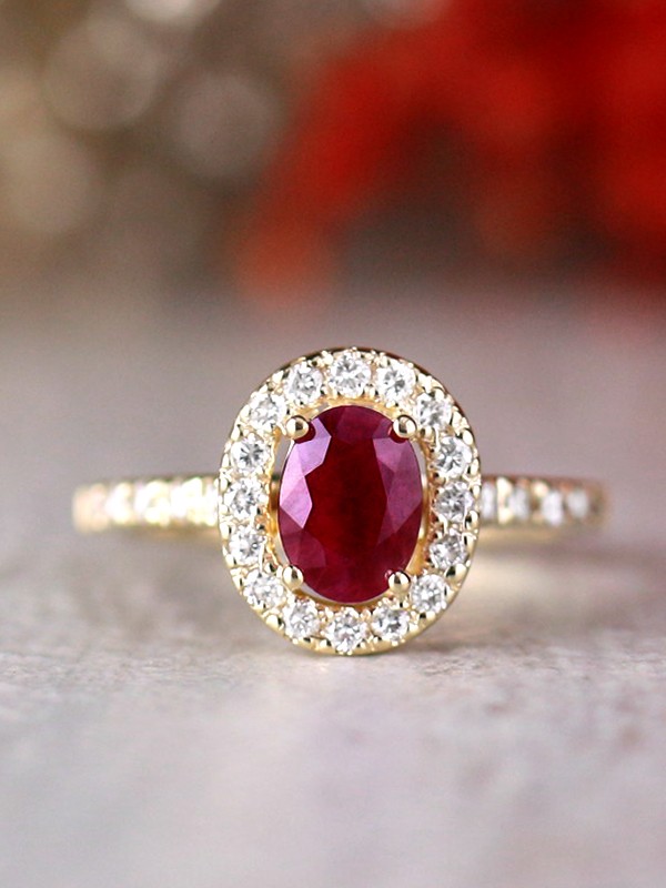 9x5MM Natural Oval Ruby and Diamond Halo in Cathedral Setting Solid 14 Karat Gold Engagement Ring