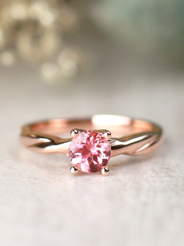 Pink Tourmaline Solitaire and Twisted Vine Solid 14 Karat Gold Engagement Ring