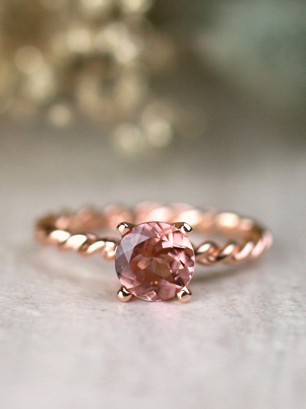 Pink Tourmaline Solitaire and Rope Design Solid 14 Karat Gold Engagement Ring