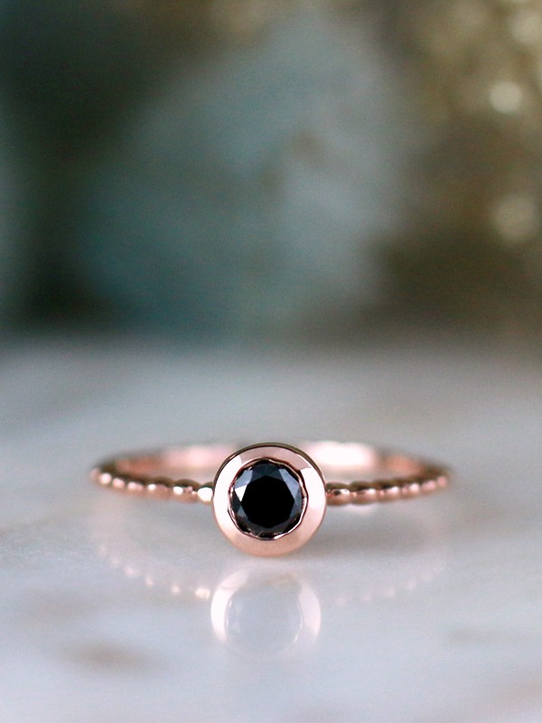 Black Diamond Bezel and Milgrain Detailing Solid 14 Karat Gold Engagement Ring