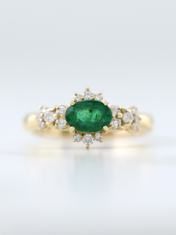 6x4MM Natural Emerald and Diamond Vintage Starlight Solid 14 Karat Gold Engagement Ring