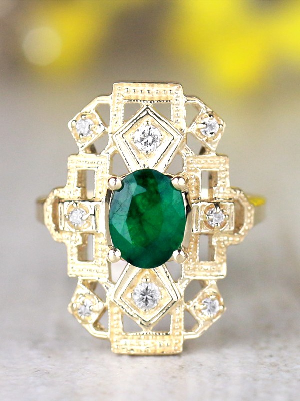 8x6MM Natural Emerald and Diamond Art Deco Vintage Inspired Design Solid 14 Karat Gold Engagement Ring