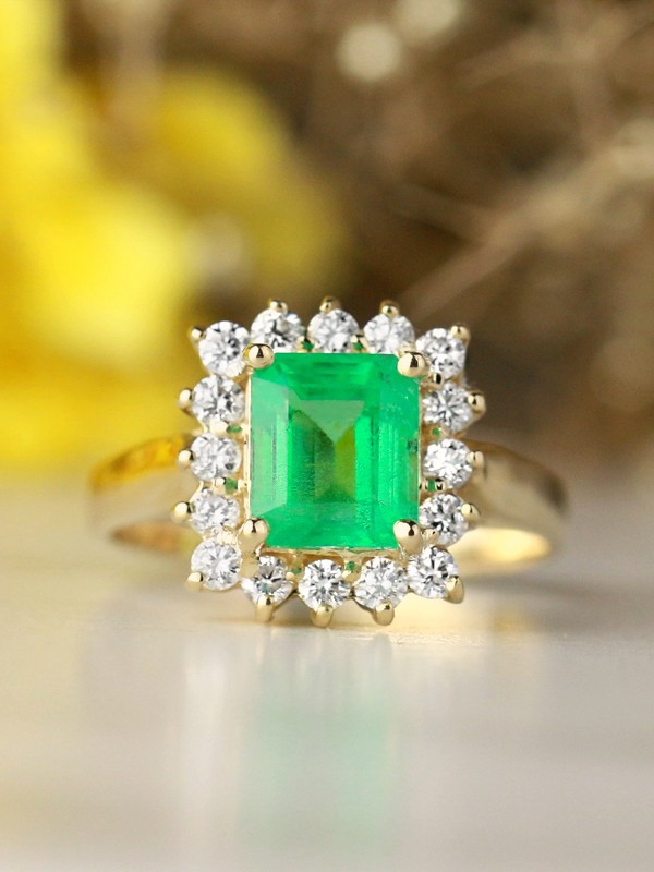 7.5x6MM Natural Emerald and Emerald Cut Diamond Halo Solid 14 Karat Gold Engagement Ring