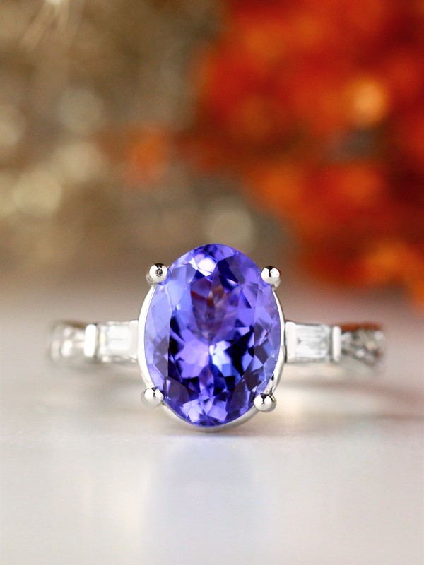 Natural Oval Tanzanite with Baguette Diamonds Three Stone Filigree Patterned Solid 14 Karat Gold Engagement Ring