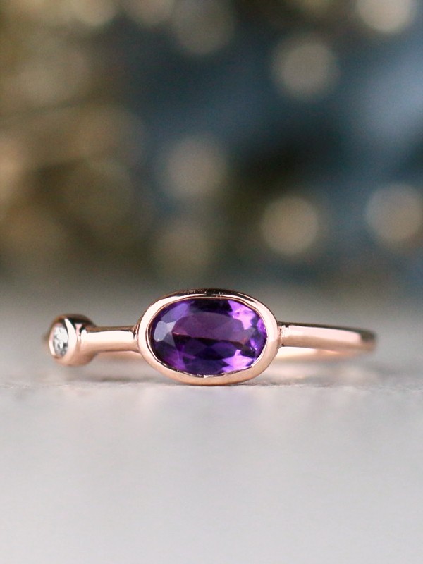 Natural Amethyst and Baby Diamond Bezel Birthstone Solid 14 Karat Gold Stackable Engagement Ring