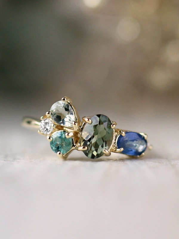Natural Four Stones Sage Green Diamond Cluster Solid 14 Karat Gold Engagement Ring