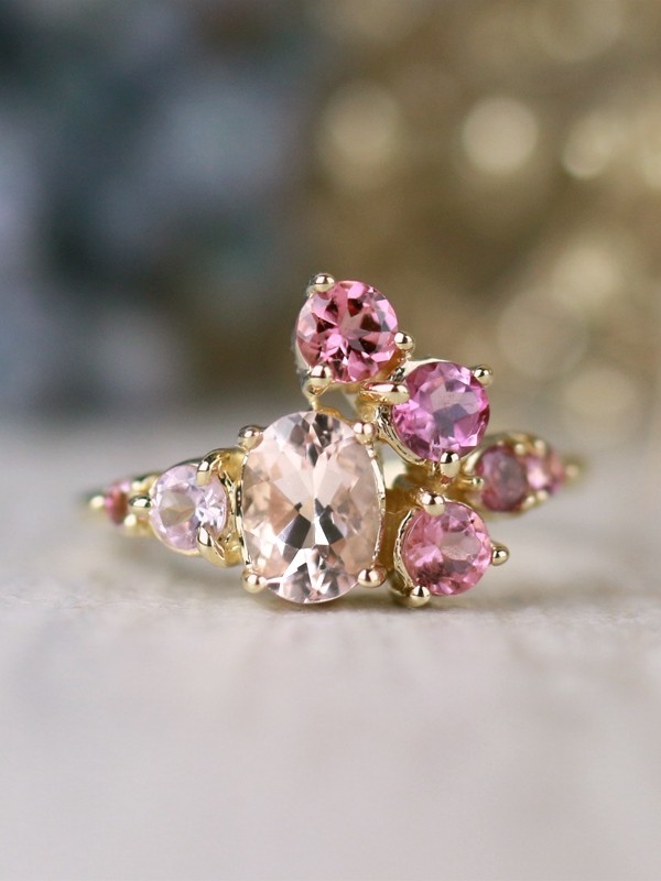 Natural Morganite and Tourmaline Blush Pink Cluster Solid 14 Karat Gold Engagement Ring