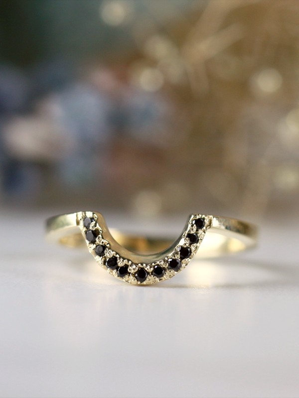 U-Shaped Matching Black Diamond Solid 14 Karat Gold Wedding Band