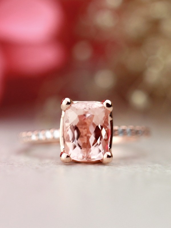 Peachy Pink Cushion Cut Morganite Diamond Basket Halo Solid 14 Karat Gold Engagement Ring