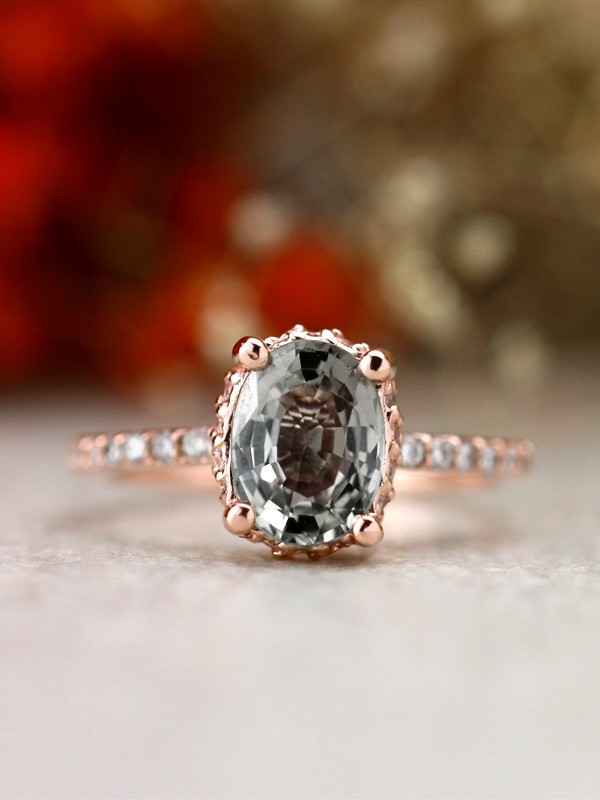 Grey spinel ring with diamonds, leaf engagement ring / Silvestra | Eden  Garden Jewelry™