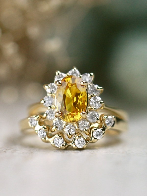 SET: Classic Yellow Sapphire + U-Shaped Floral Diamond Halo Solid 14 Karat Gold Ring