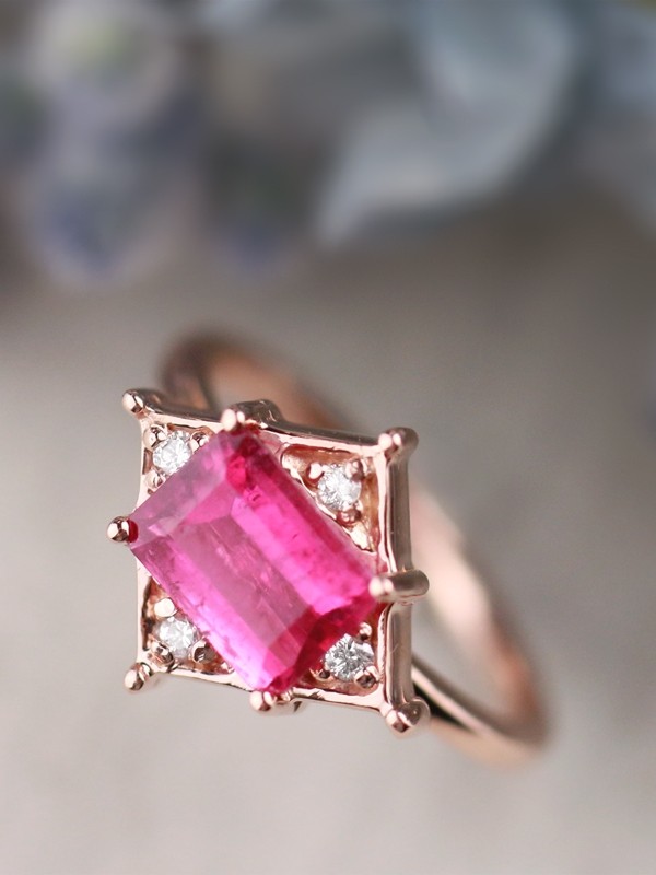 Natural Emerald Cut Pink Tourmaline Kite Solid 14 Karat Gold Engagement Ring