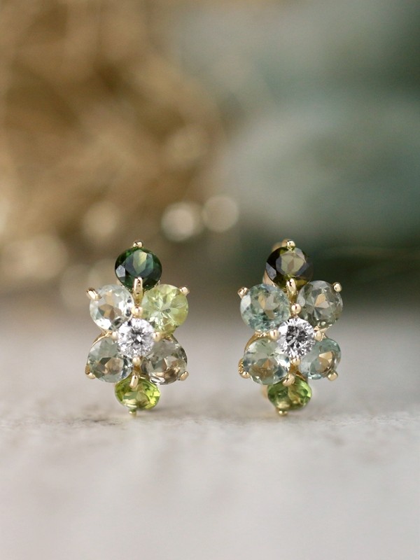 Natural Earthy Green Tourmaline and Diamond Cluster Solid 14 Karat Gold Huggie Hoop Earrings