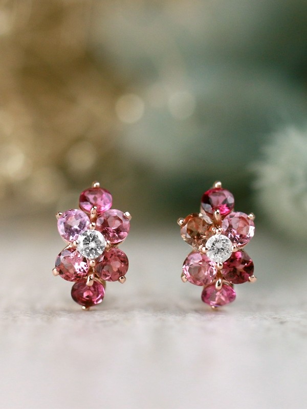 Blush Pink Tourmaline and Diamond Cluster Solid 14 Karat Gold Huggie Hoop Earrings