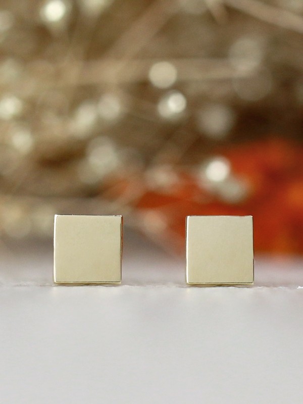 Minimalist Simple Square Solid 14 Karat Gold Earrings