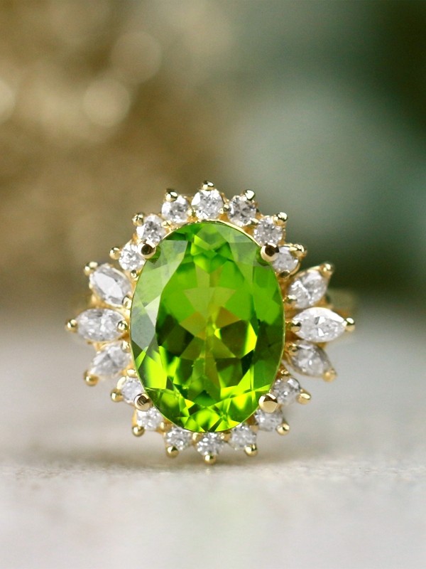 13x10MM Fancy Shamrock Green Peridot with Baguette and Round Diamond Solid 14 Karat Gold Cocktail Ring