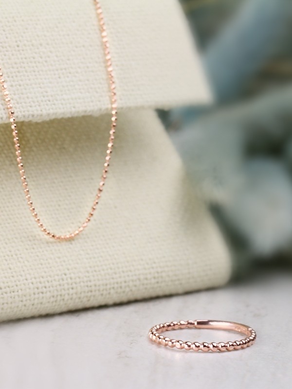 1.0MM Ball Chain and Dainty Thin Ball Solid 14 Karat Gold Ring Set