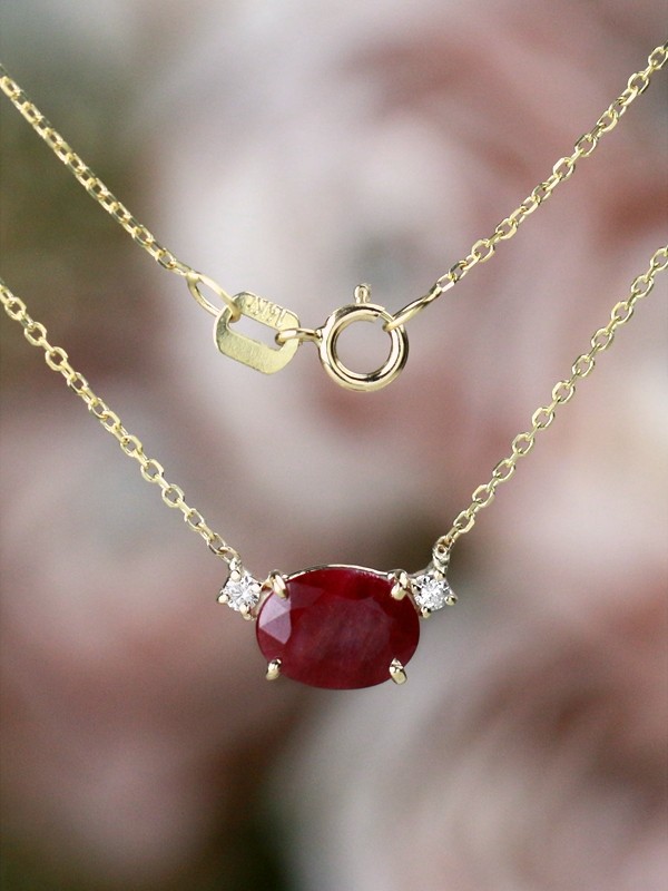 7x5MM Natural Ruby with Diamond Solid 14 Karat Gold Necklace