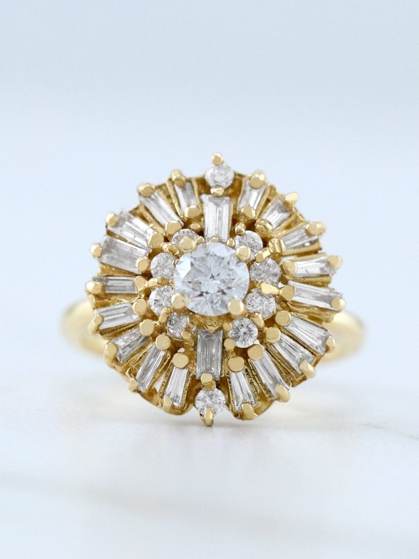 1.20CT Cluster Round and Baguette Diamond Solid 14 Karat Gold Cocktail Engagement Ring