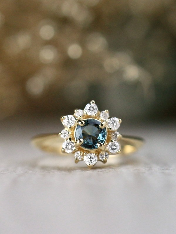 Blue-Green Sapphire Diamond Celestial Solid 14 Karat Gold Engagement Ring
