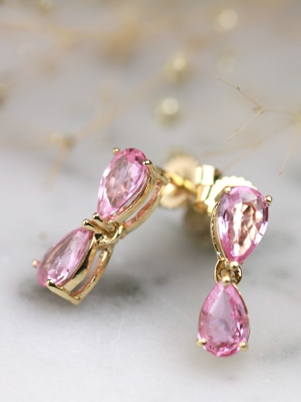 Natural Pink Sapphire Teardrop Solid 14 Karat Gold Chandelier Earrings