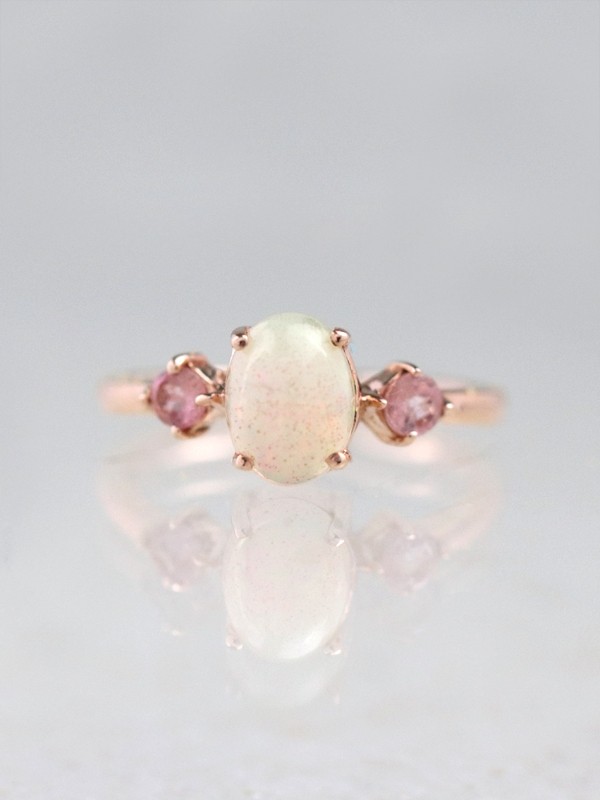 8x6MM Natural Oval Opal with Blush Pink Tourmaline Solid 14 Karat Gold Three Stone Ring