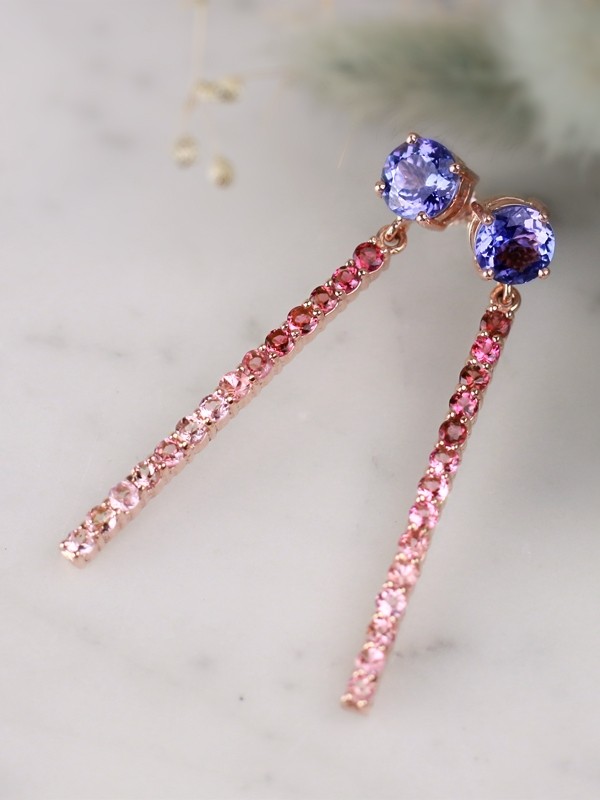 2.80CT Tanzanite with Natural Pink Ombre Solid 14 Karat Gold Bar Earrings