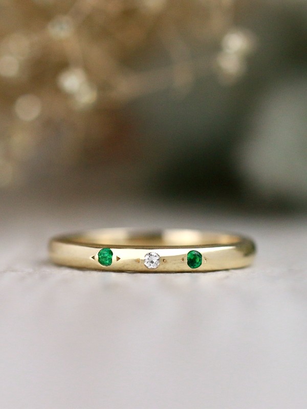 Emerald and Diamond Three Stone Solid 14 Karat Gold Ring