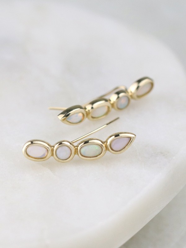 Natural Australian Opal Mixed-Shape Solid 14 Karat Gold Climber Earrings