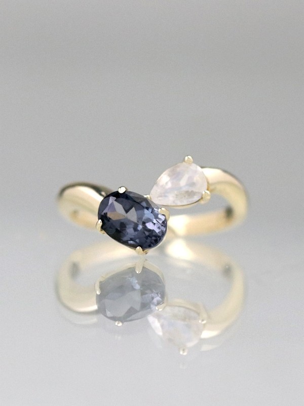 Natural Moonstone and Blue-Grey Tourmaline Bypass Solid 14 Karat Gold Ring