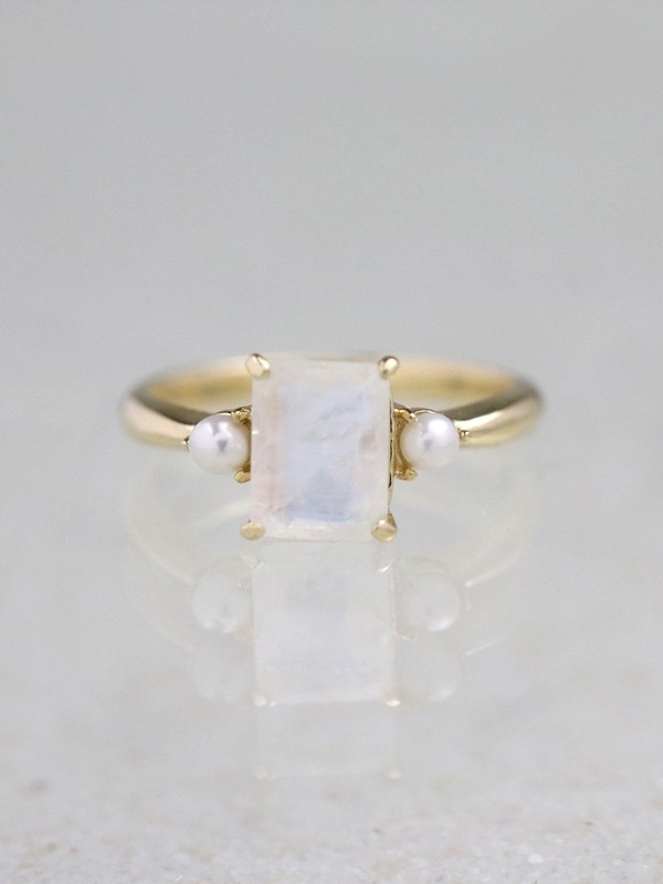 8X6MM Emerald Cut Moonstone and Pearl Solid 14 Karat Gold Ring