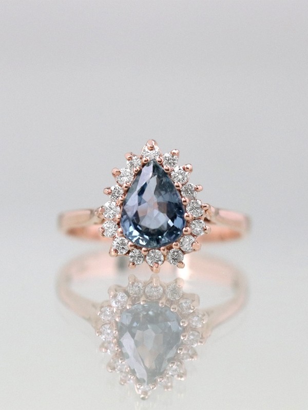 Blue Ceylon Teardrop Sapphire Diamond Halo 14K Gold Ring