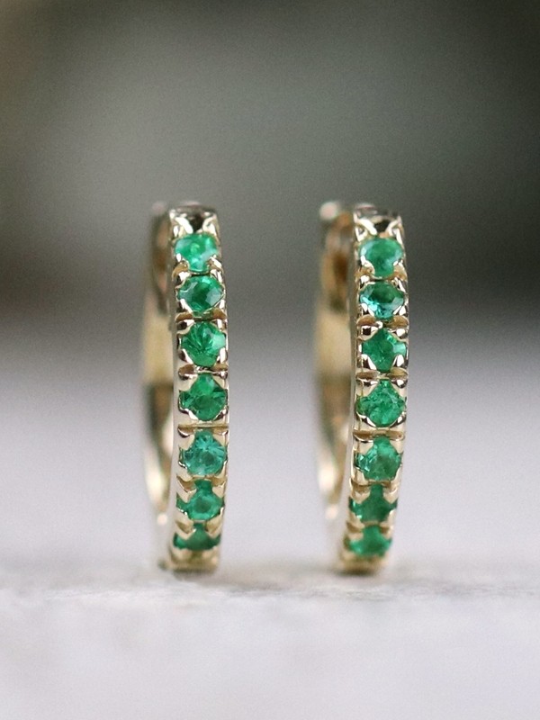 Natural Emerald Baby Solid 14 Karat Gold Hoop Earrings