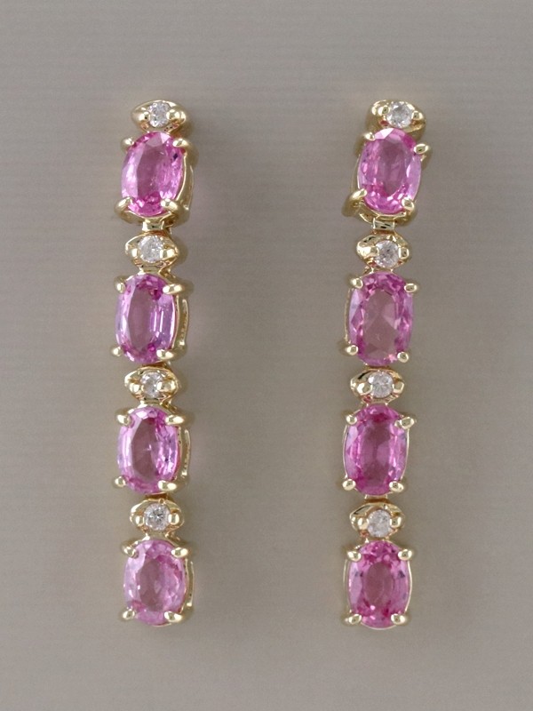 6x4MM Pink Sapphire and Diamond Solid 14K Gold Dangle Earrings