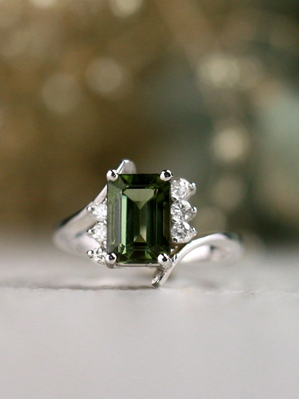 Emerald Cut Green Tourmaline with Diamond Solid 14 Karat Gold Ring