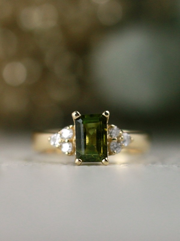 Olive Green Tourmaline and Diamond Engagement Solid 14 Karat Gold Ring 
