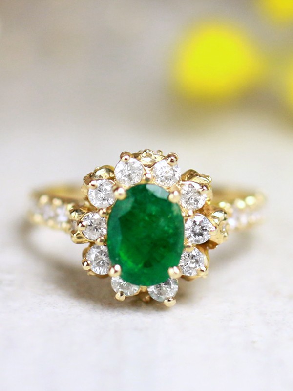 1.40CT Natural Emerald and Diamond Halo with Floral Basket Solid 14 Karat Gold Engagement Ring