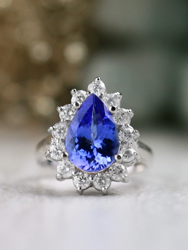 ONE-OF-A-KIND: Tanzanite and Diamond Halo Engagement Solid 14K White Gold (14KW) Estate Ring 