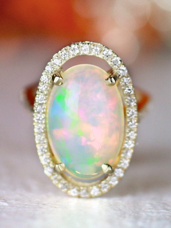 Opal Floating Diamond Halo Solid 14 Karat Gold Cocktail Ring