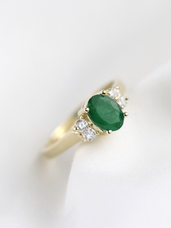 5x7MM Emerald and Diamond Engagement <Prong> Solid 14K Yellow Gold (14KY) Colored Stone Wedding Ring 