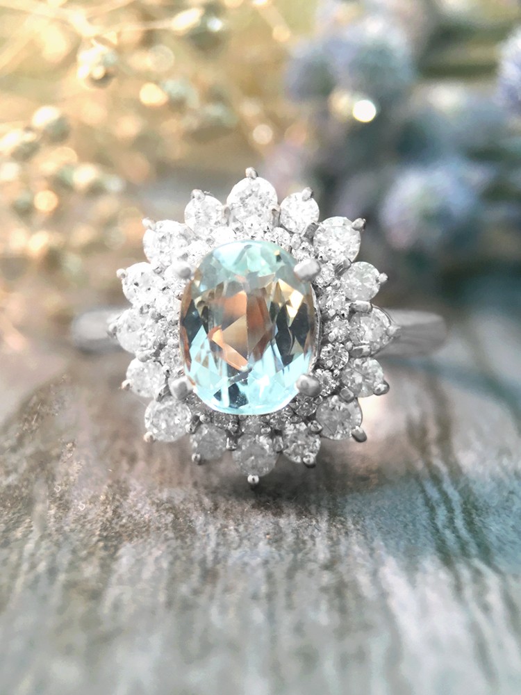 Aquamarine and Diamond Halo Engagement <Prong> Solid 14K White Gold (14KW) Colored Stone Wedding Ring 