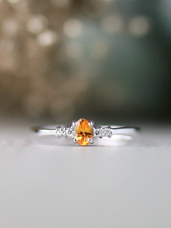 5x3MM Mandarin Garnet and Diamond Engagement <Prong> Solid 14K Yellow Gold (14KY) Colored Stone Wedding Ring