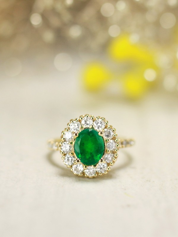 ONE-OF-A-KIND: Emerald and Diamond Engagement <Prong> Solid 14K Yellow Gold (14KY) Colored Stone Estate Ring