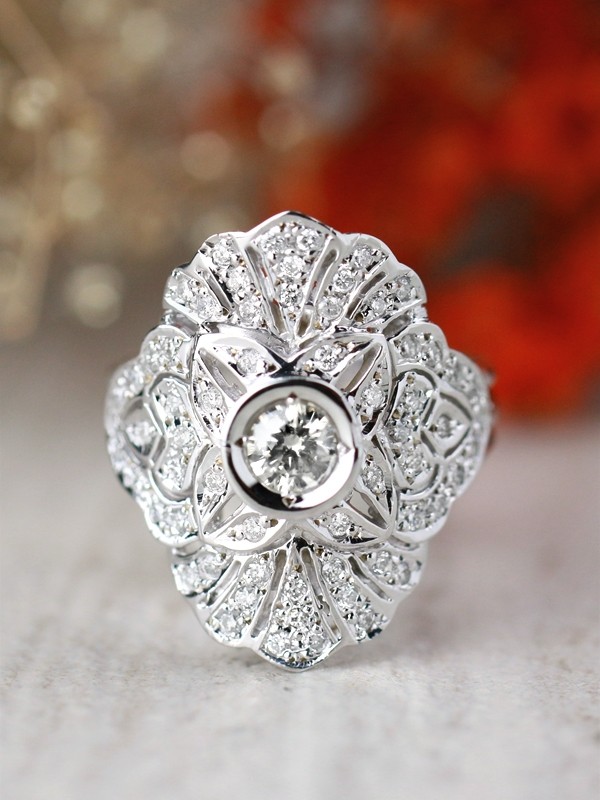 Diamond Cluster Cocktail <Bezel/Pave> Solid 14K Yellow Gold (14KY) Art Deco Estate Ring
